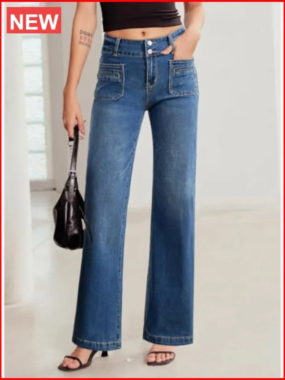 High Waisted Wide Leg Jeans with Tummy Control and Stretchy Fabric - Picture 6 of 7